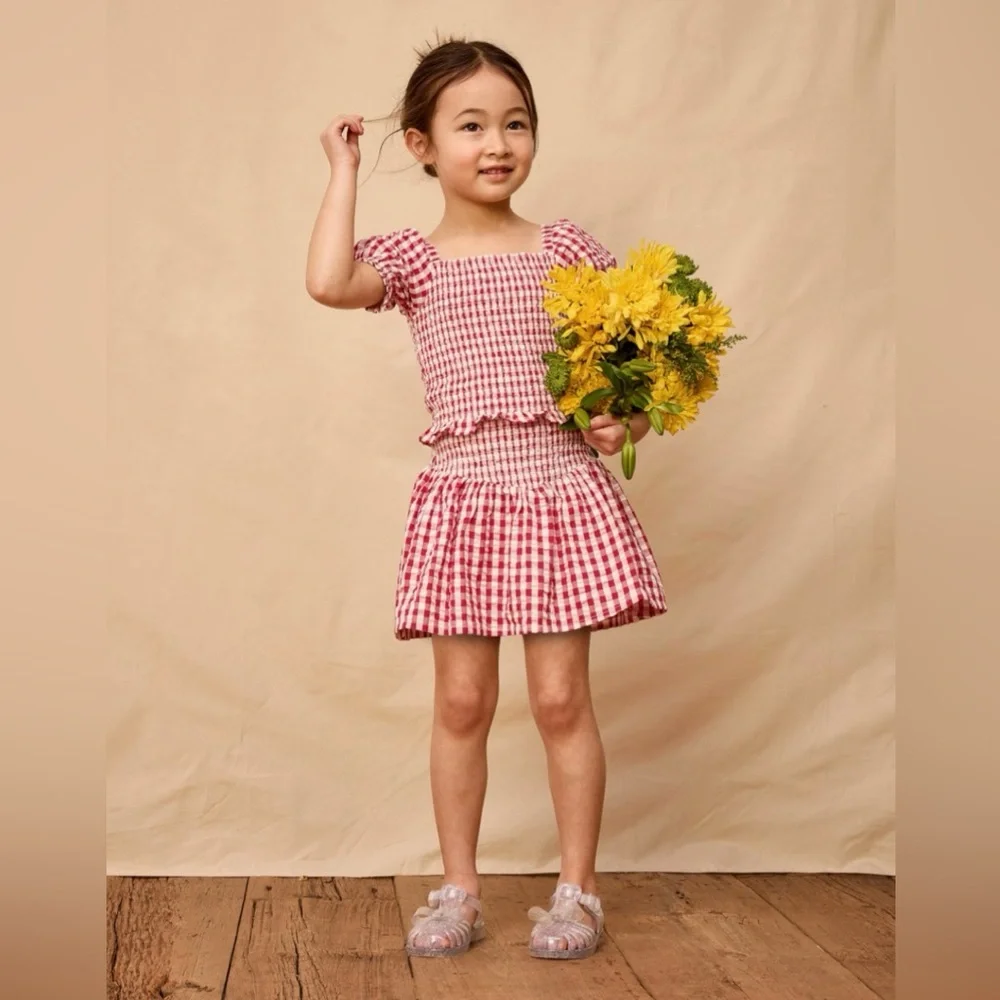 Gymboree Girls Gingham Seersucker Smocked Top & V-Waist Skort